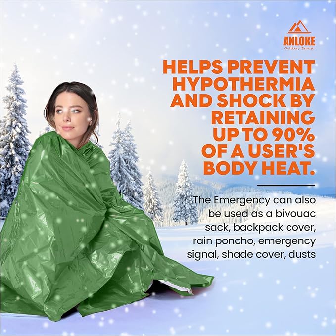 ANLOKE Emergency Blankets Mylar Thermal Blanket (4 Pack) of Space Blanket 82" x62''. Survival Blankets Heavy Duty Camping Gear, First Aid, Green