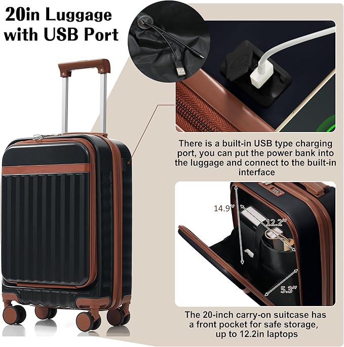 3 Piece Luggage Set ABS Hardshell Lightweight Suitcase Sets with Spinner Wheels and TSA Lock, 20 inch with Front Opening Design and USB Port, 20" Airline Certified Carry-on Luggage, 20"24"28", Black