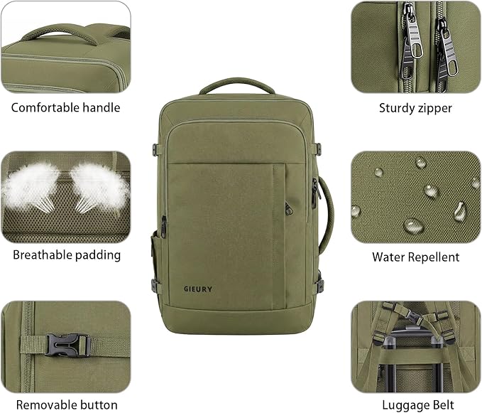 Gieury Travel Backpack, Extra Large 50L Expandable Backpack for Men Women, Carry On Backpack For Airplanes, Travel Essentials Luggage Suitcase Daypack Travel Gift Weekender Bag, Army Green