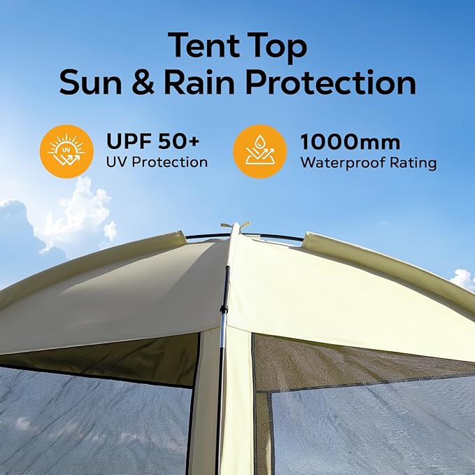 8 × 8ft Camping Screen Tent for 6-8 People, Easy Setup House Tent with 8 Ground Stakes & 4 Windproof Ropes, Portable Screened Canopy with Mosquito Net for Outdoor, Patios, Backyard, Beige