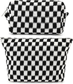 SOIDRAM 2 Pieces Black Makeup Bag Large Checkered Cosmetic Bag Capacity Canvas Mix Travel Toiletry Bag Organizer Cute Makeup Brushes Aesthetic Accessories Storage Bag for Women, Checkered Mix Black