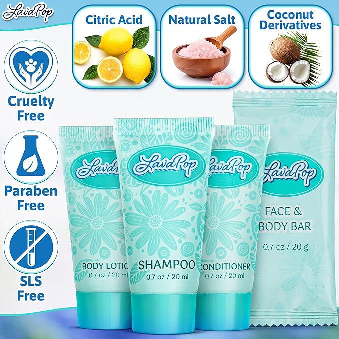 LavaPop - Travel Size Hotel Toiletries Bundle - Iris, Violet & Amber, 0.7 oz each, 200 Pcs - 4-Piece Set: 50 Rectangular Bar Soap, 50 Shampoo, 50 Conditioner & 50 Body Lotion - Bulk Small Toiletries
