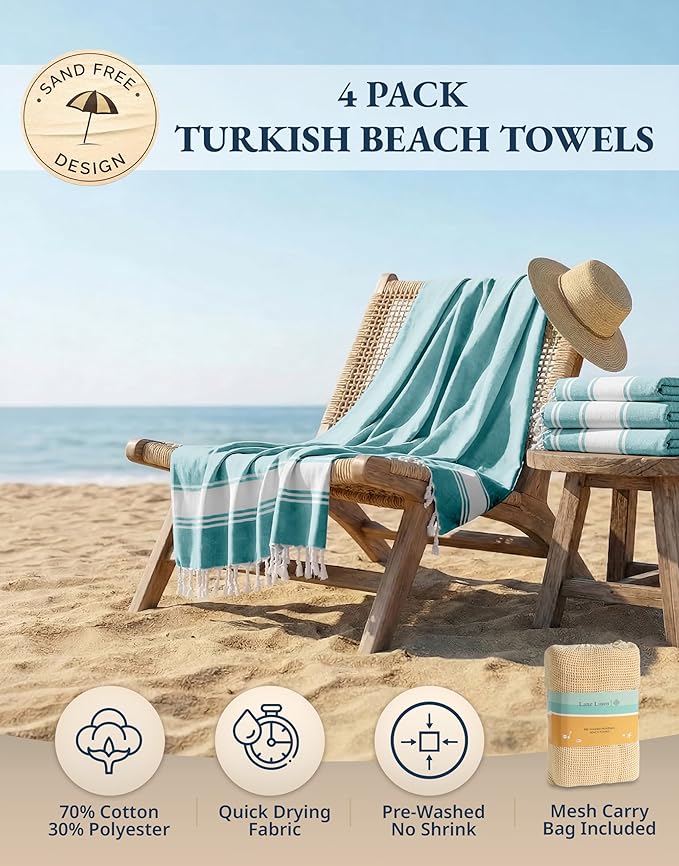 LANE LINEN Oversized Beach Towel - Beach Towels 4 Pack, Pre-Washed Pool Towel, Extra Large Beach Towel, Quick Dry & Sand Free, Lightweight Travel Towel, 39"x71" - Hunter Green