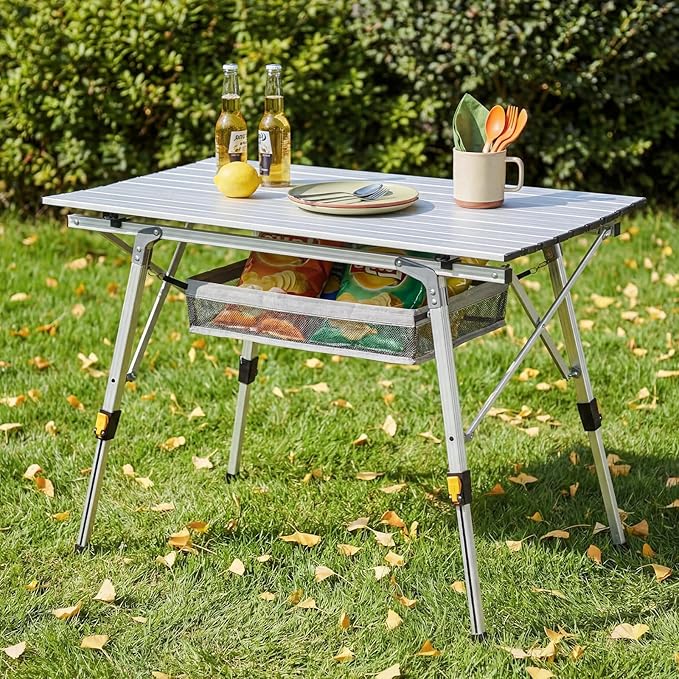 Camping Table Portable Foldable with Adjustable Legs, Aluminum Roll Up Table with Large Mesh Storage Layer & Carrying Bag, Lightweight Outdoor Picnic Table for Camping, Beach, BBQ, Backyard