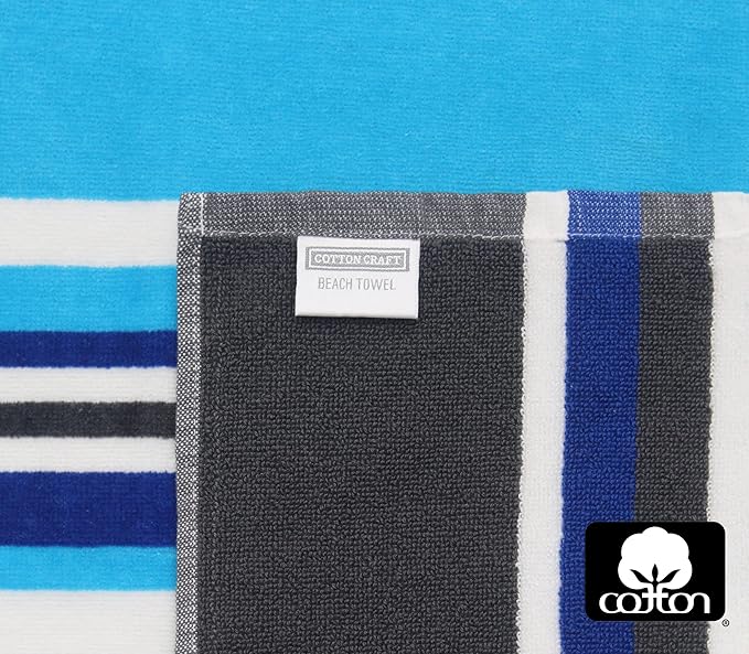 COTTON CRAFT Oversized XL Beach Towel - 39 x 68 inches - 2 Pack XL Towels - 100% Cotton Velour - Big & Huge - Pool Picnic Bath - Thick Plush Super Soft Luxury - 450 GSM - Cancun Blue Multi