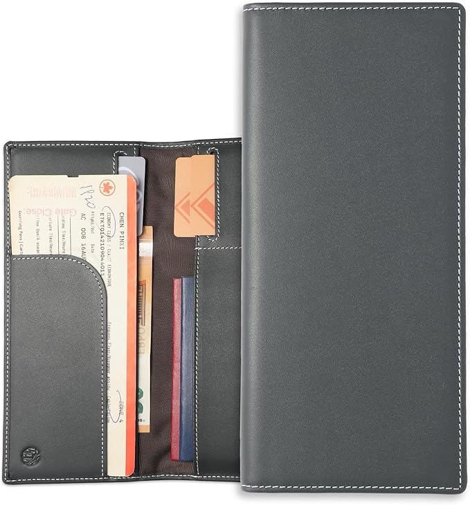 RFID Blocking Leather Passport Holder with AirTag Holder, Travel Wallet with Card Slots, Long Passport Cover for Men & Women (Gray)