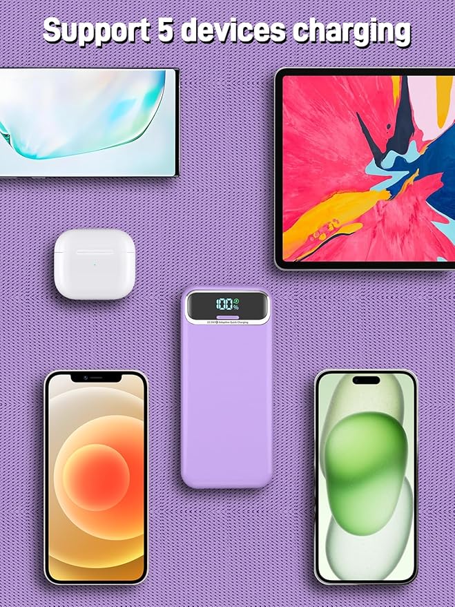 Portable Charger, 20000mAh 22.5W Fast Charging Power Bank with Built-in Cables & Wall Plug, Travel Essential External Battery Pack with LED Display, USB C Battery Phone Charger for iPhone iPad Purple