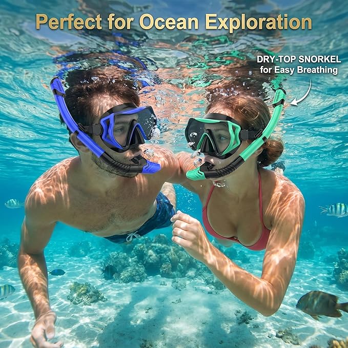 Snorkeling Gear for Adults, JRing Snorkel Mask Set with 180 Degree Tempered Glass Anti Fog Goggles Scuba Dry Top Snorkel for Swimming, Scuba Diving Mask for Men Women
