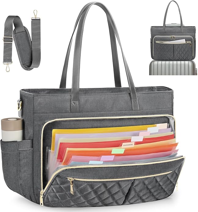 RAINSMORE Teacher Tote Bag 15.6 Inch Laptop Bag for Women Work Bag with Large Cup Holder Nurse Bag Computer Tote Handbag