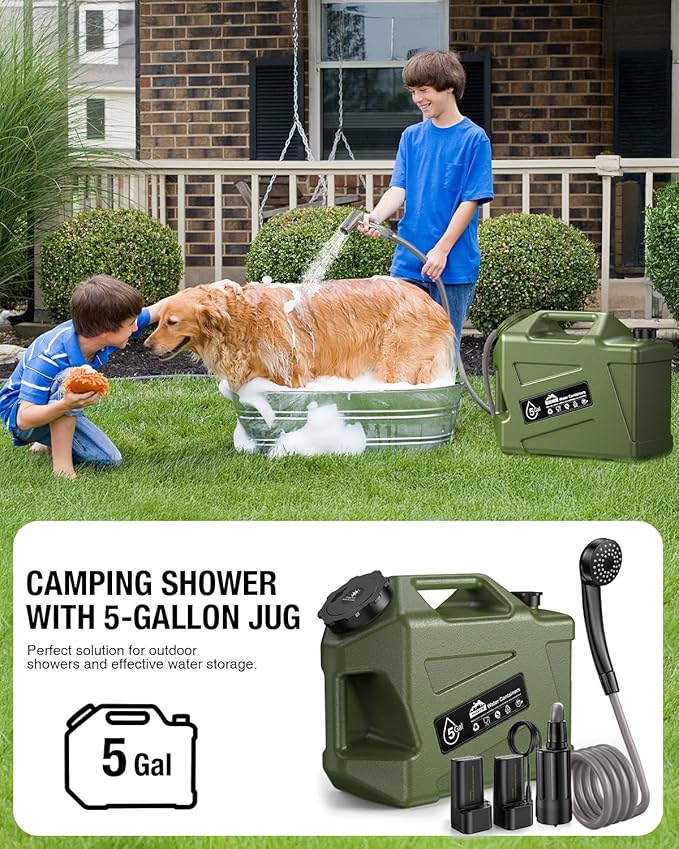 Portable Camping Shower with Water Jug, Electric Rechargeable Camping Shower, 5-Gallon Food Grade Water Containers, Outdoor Camp Pump for Hiking Beach, Travel, Pet Bath