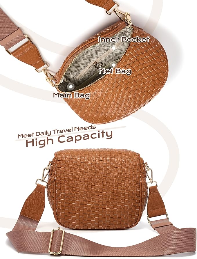 Trendy Woven Checkered Crossbody Bum Bag for Women，PU Leather Checkered Purse Fanny Packs Belt Bag (Woven Bum Bag - Pure Brown)