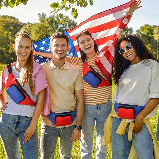 Abbylike 6 Pcs 4th of July Neon Fanny Packs 250th Anniversary Adjustable Waist Bags Patriotic Style Party Outfit Accessories for Women Men Travelling Outdoors Cycling Independence Day