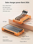 Solar-Charger-Power-Bank - 20000mah Solar Powered Battery Charger Cell Phone,20W Fast Charging Built in Cables,Camping Essentials Portable External Battery Pack Compatible with Multiple Devices