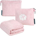 PAVILIA Travel Blanket Pillow in Soft Bag with Pockets, Airplane Blanket Set, Plane Blanket Compact Packable, Flight Essentials Car Pillow, Travelers Accessories Gifts, Luggage Strap, Light Pink