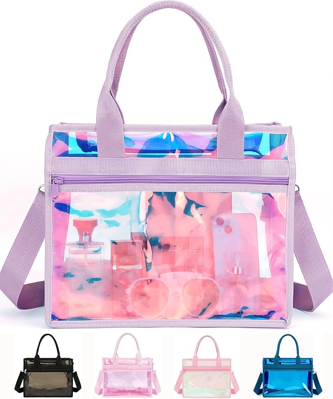 Fammart Iridescent Clear Beach Bag for Women, Jelly Tote Bag Waterproof Sandproof Pool Bag Cruise Vacation Essentials