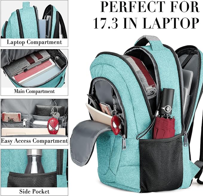 BIKROD Teal Backpack for Women and Men, Extra Large School Backpacks for Teens, Water Resistant Back Pack Fits 17 Inch Laptop, Business Anti Theft Sturdy Computer Bag Gifts