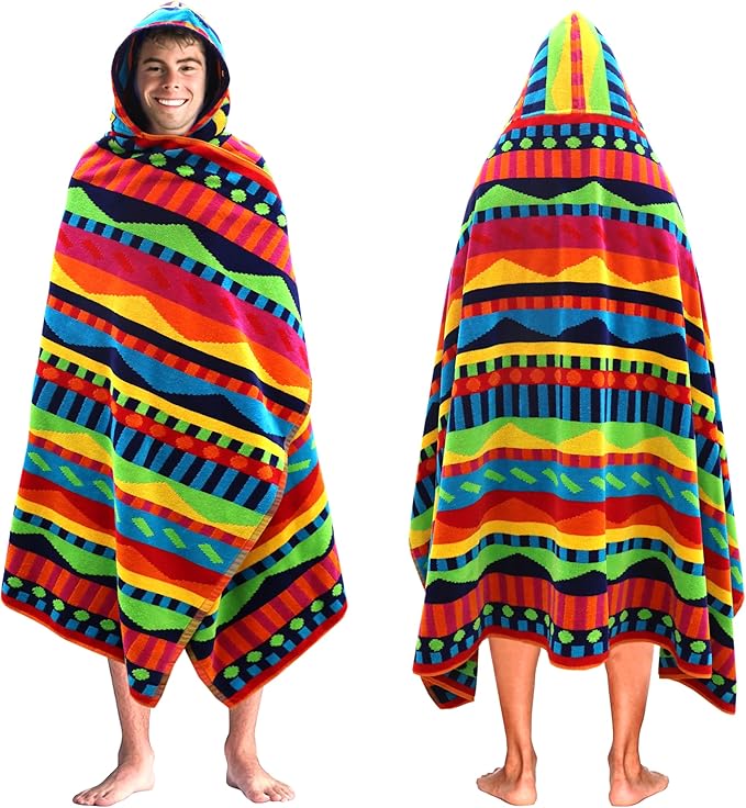 COTTON CRAFT Hooded Beach Towel for Adults – Oversized 39 x 68 Towel with Hood - 100% Cotton Velour Terry Jacquard Pool Bath Wrap - 450 GSM Soft Absorbent Quick Dry – Cozumel Red Blue Yellow