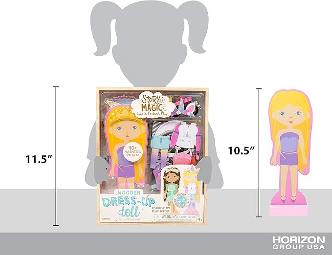 Story Magic Wooden Dress-Up Doll by Horizon Group USA, Dress Up Magnetic Wood Double Sided Doll, Over 40 Outfit and Accessory Pieces, Creative Pretend Play, Perfect for Ages 4+