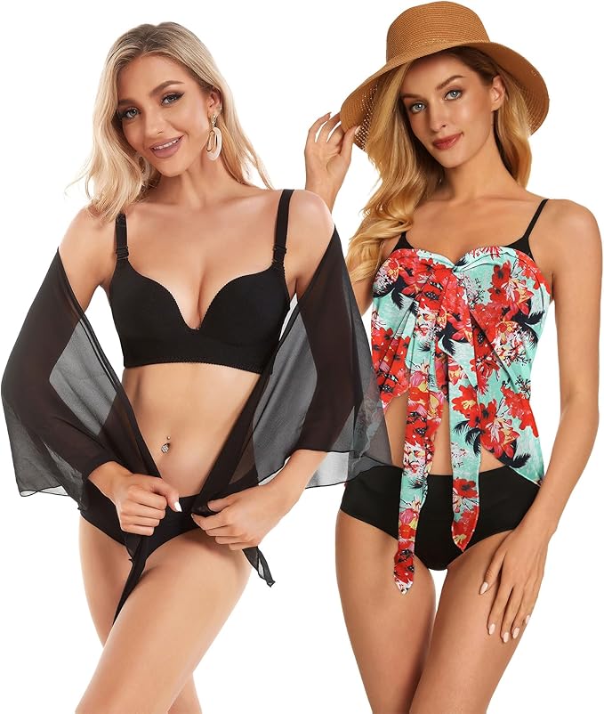 CHICGAL 2 Pieces Women Beach Sarong Bathing Suit Wrap Skirt Sheer Bikini Swimsuit Cover Ups for Swimwear