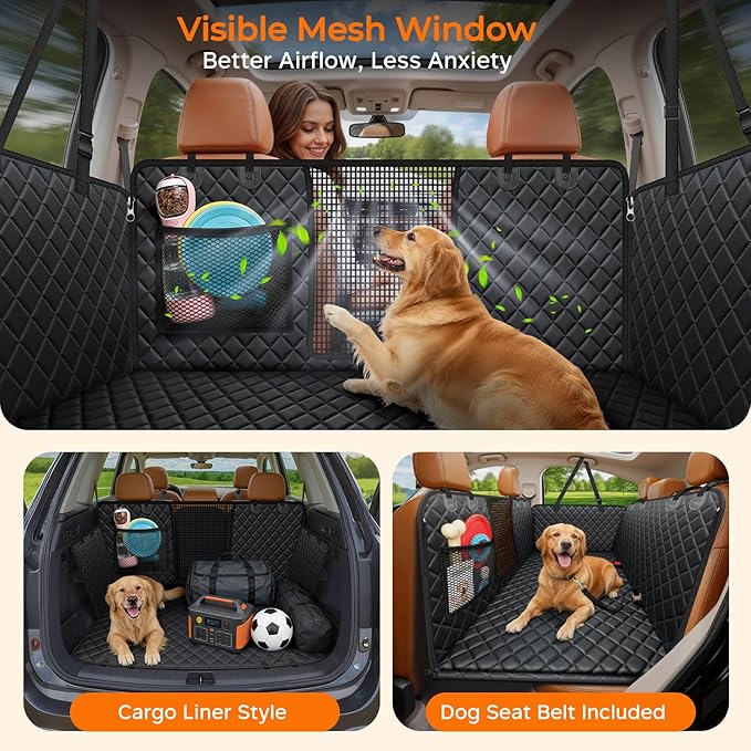 URPOWER Backseat Extender for Dogs - Hard Bottom Dog Car Seat Cover for Back Seat, Dog Hammock for Car and SUV, Pet Rear Seat Protector Dogs Travel Bed with Mesh Window