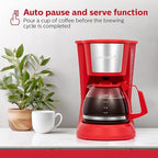Holstein Housewares 5 Cup Drip Coffee Maker – Compact and User-Friendly with Auto Pause & Serve, Reusable Filter, Measuring Spoon & Glass Carafe, Office & Dorm Use, Red