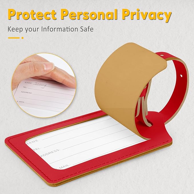 Travelambo 12 Pack Luggage Tags for Suitcases Privacy Protection Bag Tags Faux Leather Travel Accessories Essential, Deep Red
