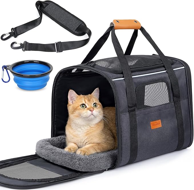 Morpilot Pet Carrier for Large Cats, Puppies & Small Dogs Up to 25lbs, Escape-Proof with Locking Zippers, Dual-Sided Cushion, Safety Buckle for Car & Vet Travel, Includes Foldable Bowl (Dark Gray)