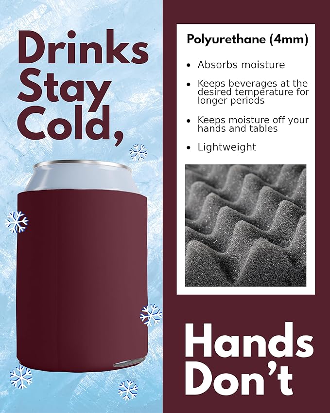PartyPrints 25 Pack Burgundy Blank Can Cooler Sleeves, Customizable Bulk Insulated Foam for Beer, Collapsible Plain Drink Holder, Cold Soda Insulator, 12oz Regular, 16oz Tall Cans