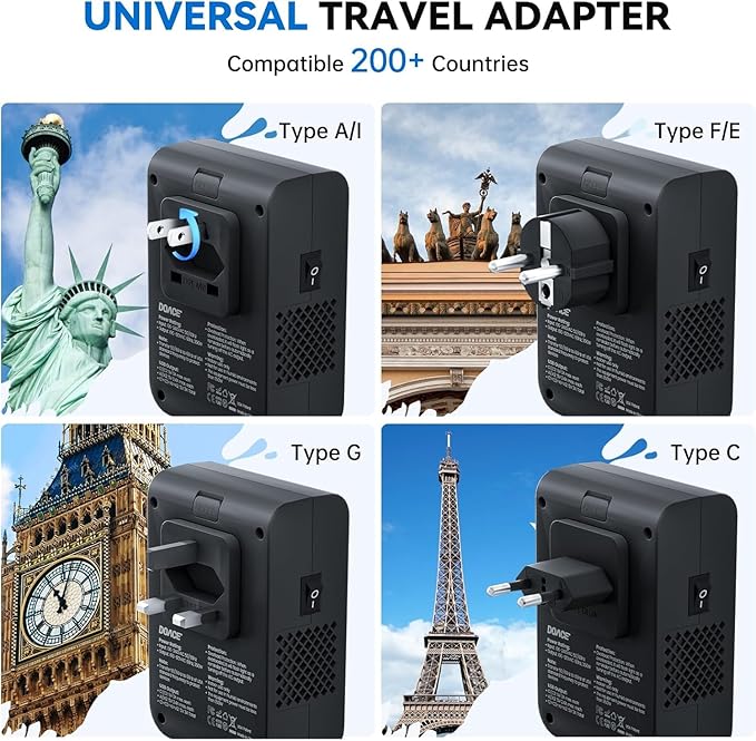 DOACE 350W Travel Voltage Converter US to Europe 220V to 110V Converter for Curling Iron Straightener Converter for European Travel 4 USB Charging Universal Power Plug Adapter UK/AU/US/EU, Black
