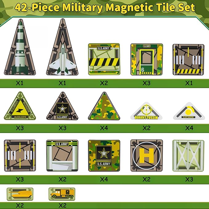 Magnetic Tiles,42PCS Magnetic Building Blocks with Metal Storage Box,Magnet Tiles for Kids Ages 3+,Magnet Tile for Boys & Girls(Military)