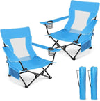 HaSteeL Folding Beach Chair Set of 2, Foldable Blue Camping Chairs for Outside, Low Beach Chair Portable for Adults Fishing, Picnic, Outdoor BBQ, Travel, Sports, Cup Holder & Storage Bag