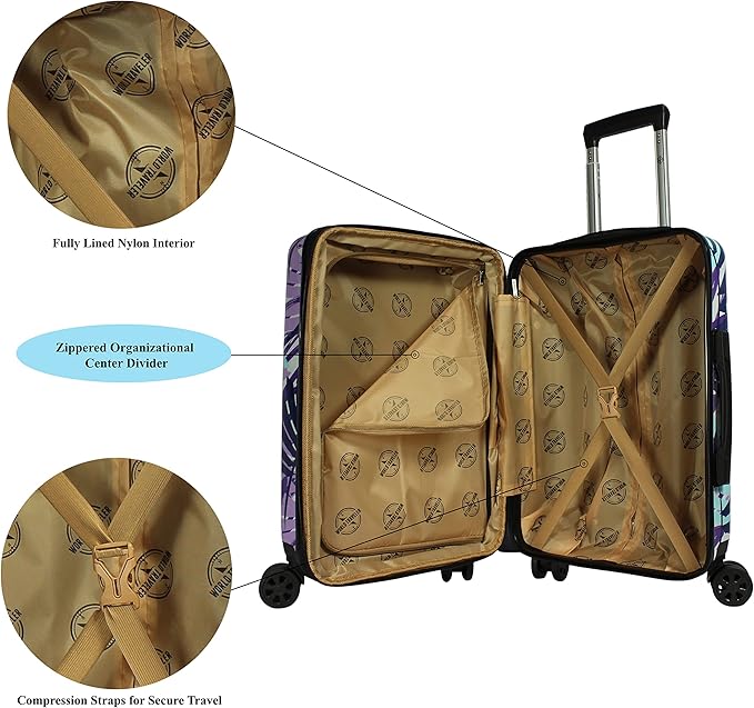 World Traveler VentureX Airline Approved 2-Piece Carry-On Luggage Set – Lightweight Hardside Polycarbonate Suitcase with Spinner Wheels - Tropical Leaves