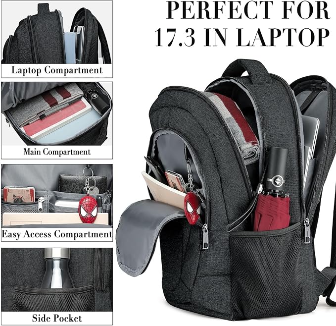 BIKROD Travel Laptop Backpack, 17 Inch Extra Large School Backpacks for Teen Boys and Girls, Black Water Resistant Women Back Pack, Business Men Sturdy Computer Bag
