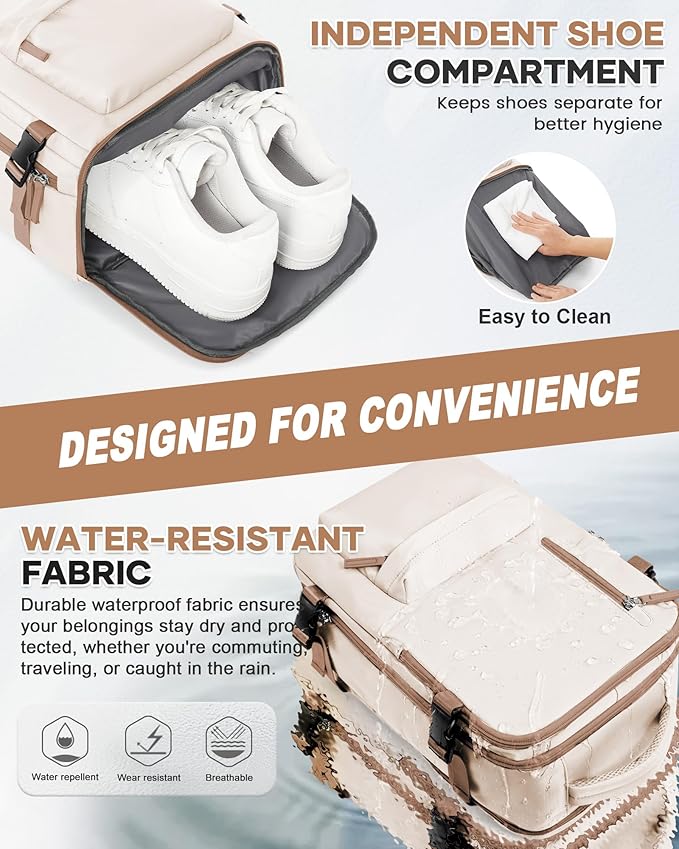 WONHOX Travel Backpack Women, Carry On Backpack for Men, Hiking Laptop Backpack Waterproof Outdoor Sports Rucksack Casual Daypack, Beige Brown