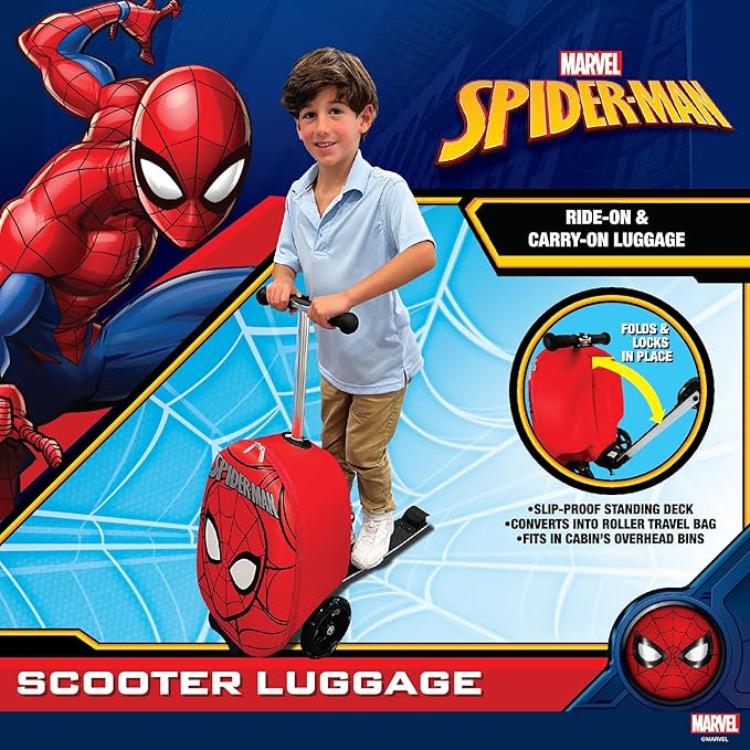 Fast Forward Spider-Man 18" Ride-On Suitcase Scooter - Lightweight Carry-On Scooter Luggage