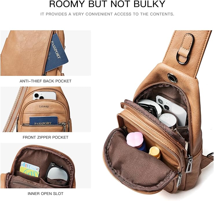 LATMAP Sling Bag For Women Faux Leather Small Casual Daypack Backpack Fanny Pack Crossbody Chest Bags Purse