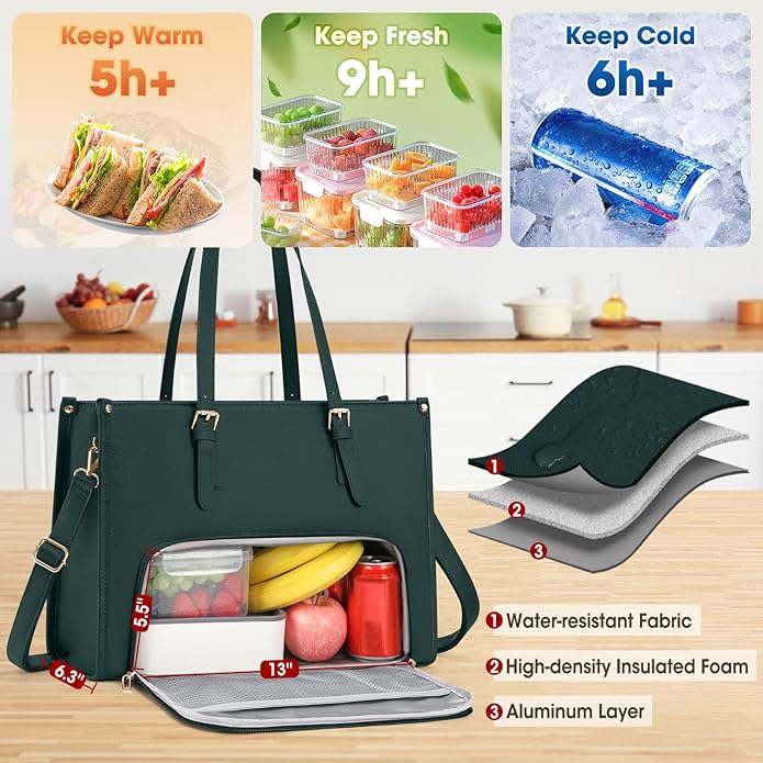Laptop Bag for Women with Insulated Lunch Compartment 15.6 Inch Pu Leather Work Tote Computer Briefcase Bag for Office