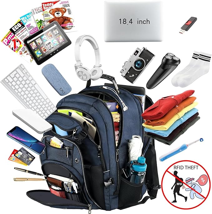 VECKUSON 18.4 Laptop Backpack for unisex, 60L Extra Large Gaming Laptops Back Bag,TSA Friendly Flight Approved and RFID Anti-Theft Pocket Heavy-duty Pack,21.3 * 15.7 * 11.8inch Blue