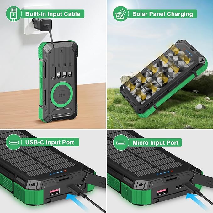 Solar Charger Power Bank 49800mAh Portable Solar Panels 22.5W Wireless Fast Charging with 6 Outputs for Cell Phones, Built in 4 Cables,USB C Waterproof Battery Pack for Camping,LED Flashlight