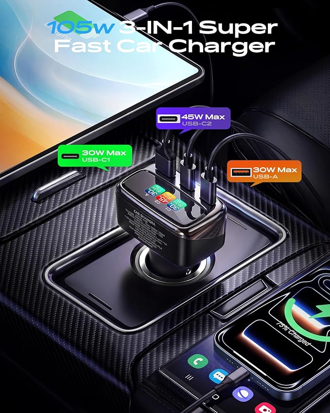 105W USB C Car Charger with Digital Color Display, 3-Port Fast Charging Cigarette Lighter Adapter for iPhone 17/16/15 Pro Max, Samsung S26, Travel Car Accessories Gifts for Men Women + 3FT USB-C Cable