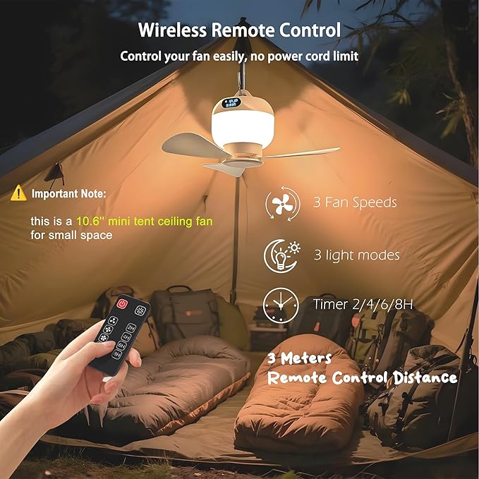 Camping Fan with Light & Remote, Portable Ceiling Fan for Tents, Canopy, Beach, RV, Car, Camper & Outdoor, Wireless Rechargeable Hanging Pop up Tent Fan - 3 Speed Breeze & Timer, 10.63 Inch