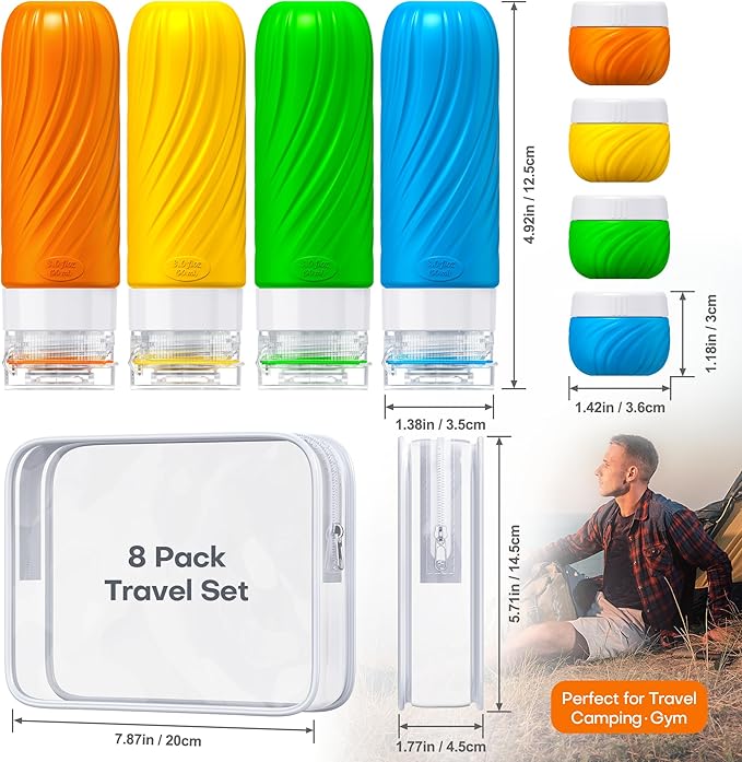 Travel Bottles for Toiletries 8 Pack: TSA Approved 3oz Leak Proof Containers - Silicone Squeezable Bottles for Shampoo Lotion - Travel Essentials for Women Men with Clear Bag
