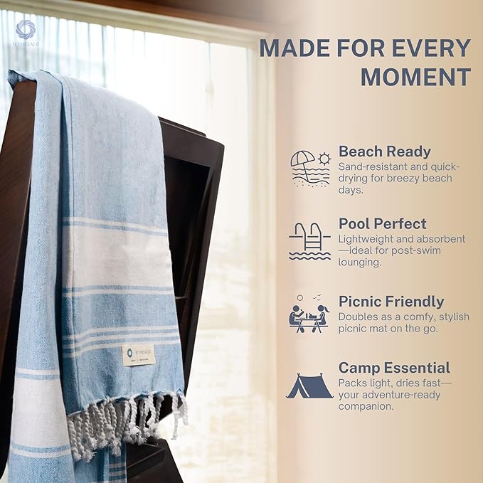 Cotton Turkish Beach Towel with Towels Oversized 36"x72" Pool Absorbent Extra Large Quick Dry Sand Travel Towel (Sky Blue, 4 Pack)