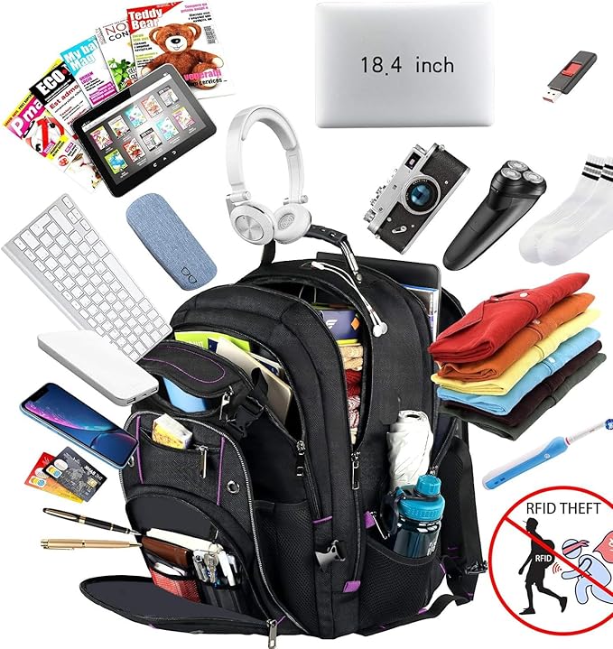 VECKUSON Unisex 18.4 Inch Laptop Backpack, Purple Rfid, For College Students And Adults