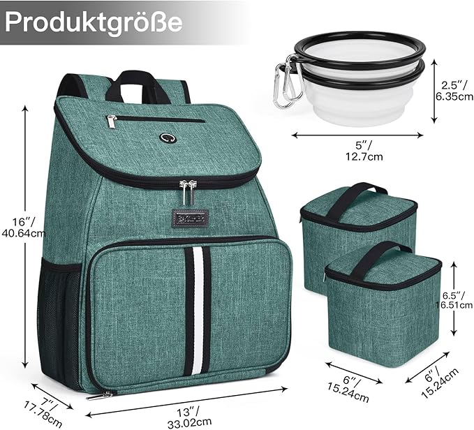 BAGLHER丨Dog Travel Bag, Airline Approved Pet Supplies Backpack, Dog Travel Backpack Accessories Set with 2 Silicone Collapsible Bowls and 2 Food Baskets. Green