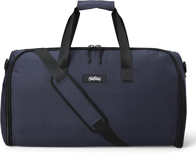 Halfday Convertible 2-in-1 Garment Duffel Weekender Bag 45L: Wrinkle-Free Travel (Hanging Suit Compartment, Shoe Pockets, Trolley Sleeve), Durable & Water-Resistant Carry-on, Marine