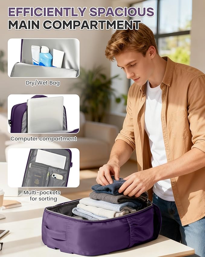 WONHOX Large Travel Backpack Women,Carry On Laptop Backpack Flight Approved,Mochila De Viaje Men Hiking Waterproof Rucksack Casual Daypack with Shoes Compartment,Personal Item Travel Bag Dark Purple