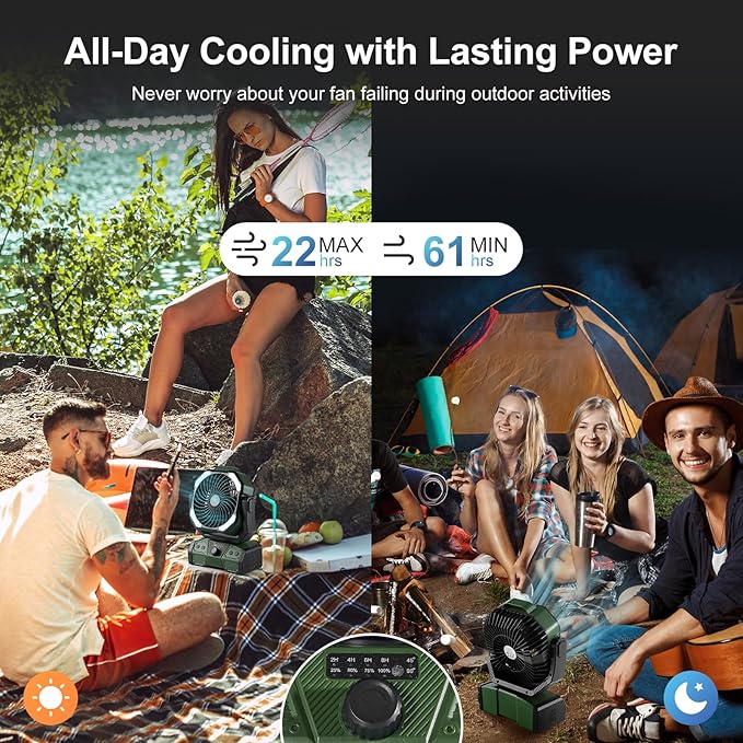 Odoland 40000mAh Camping Fan with LED Light, Battery Operated Oscillating Desk Fan with Remote & Hook, Rechargeable Outdoor Tent Fan with Timer for Hurricane Power Outage Travel Jobsite RV, Green