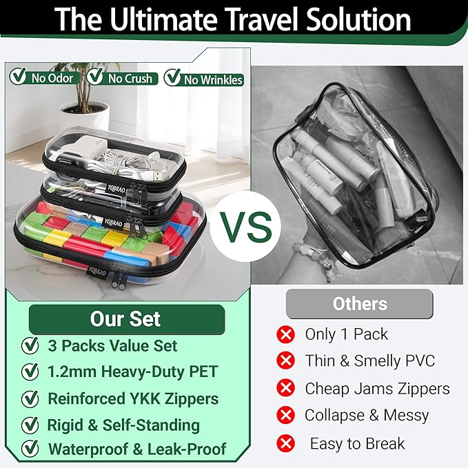 YQBRAO 3-Pack Clear Hard Shell Zipper Case Black, 1.2mm Heavy-Duty Crush-Proof Travel Makeup Bag, TSA Approved Clear Zipper Pouches, Rigid Toiletry & Diaper Bag Organizer for Tech, Toys & Art Supplies