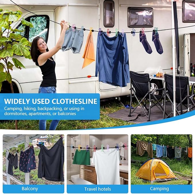SenseYo Retractable Portable Clothesline for Travel with 22 Clothespins, Camping Clothes line for Indoor Outdoor Balcony Hotel Room Laundry Drying